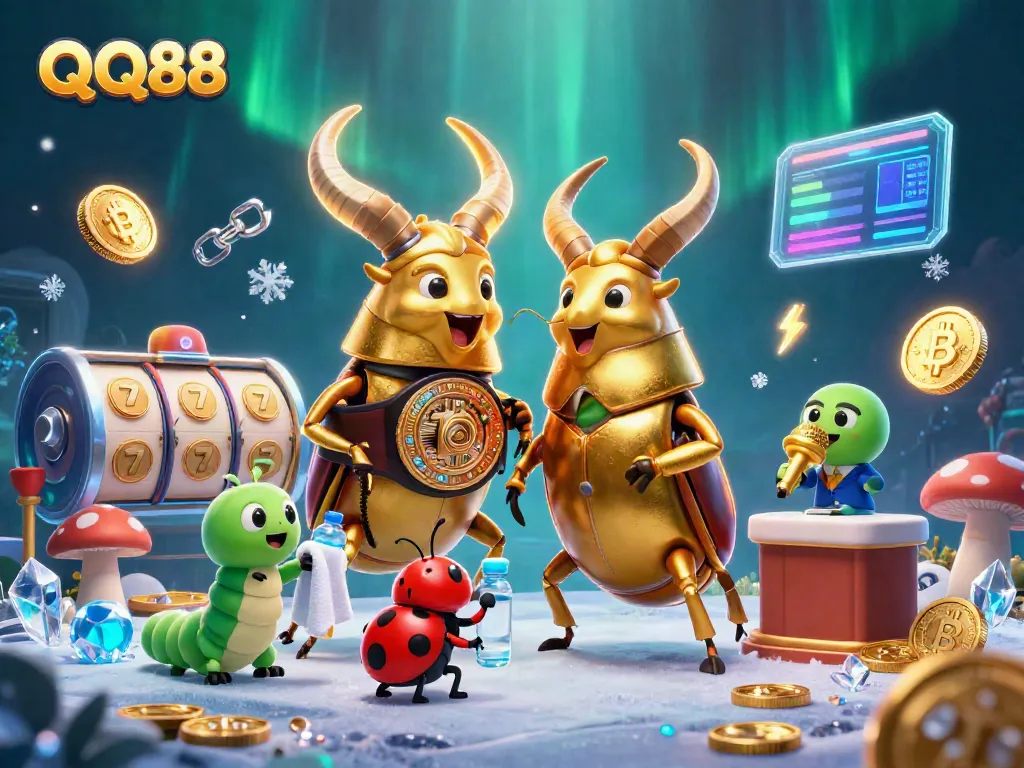 Engage with QQ88 through an exciting illustration featuring a golden stag beetle in a betting arena, reflecting thrilling casino action.