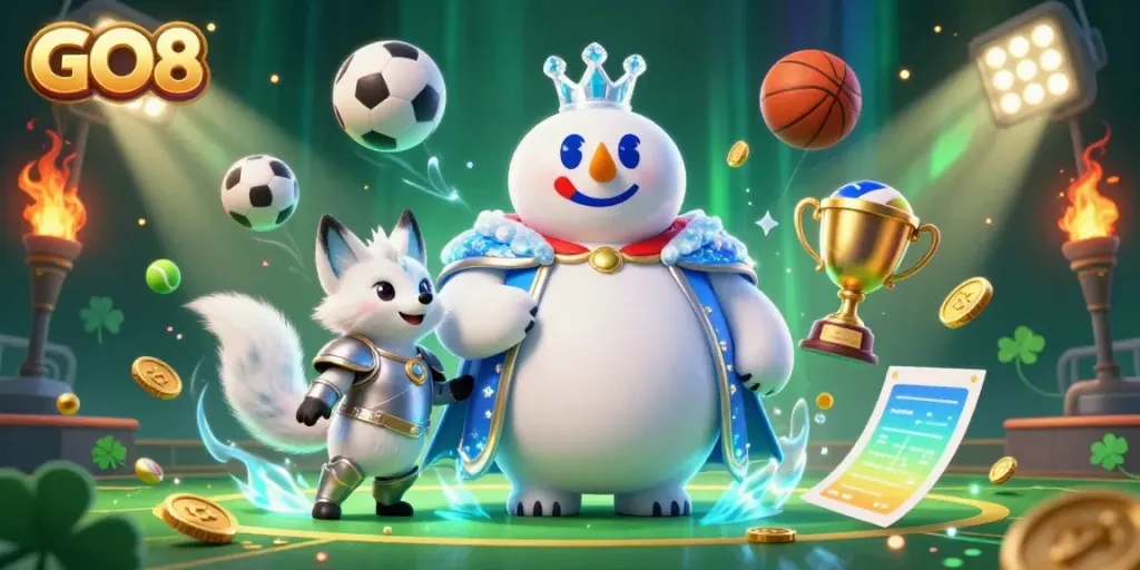 Win big with GO8 at this vibrant casino illustration featuring dynamic sports elements and energy.