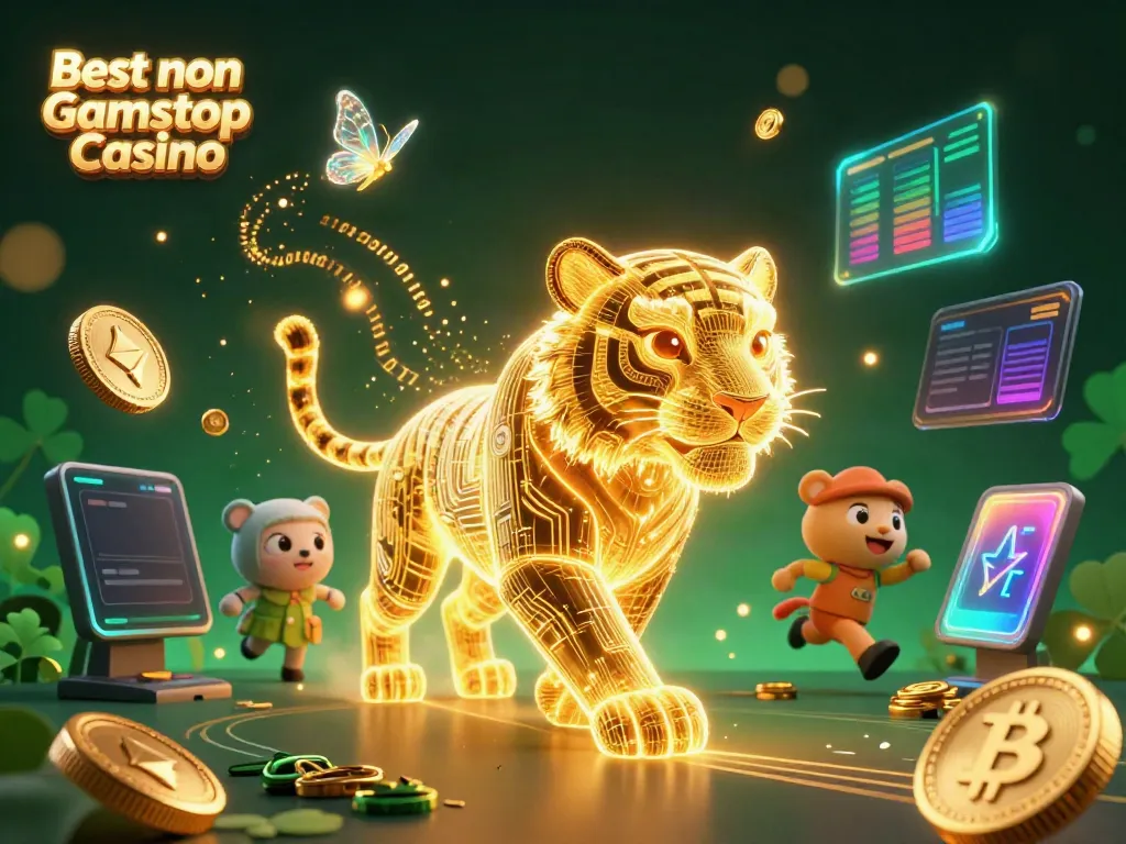 Engage with the Best non Gamstop Casino featuring a glowing neon tiger amid crypto elements.