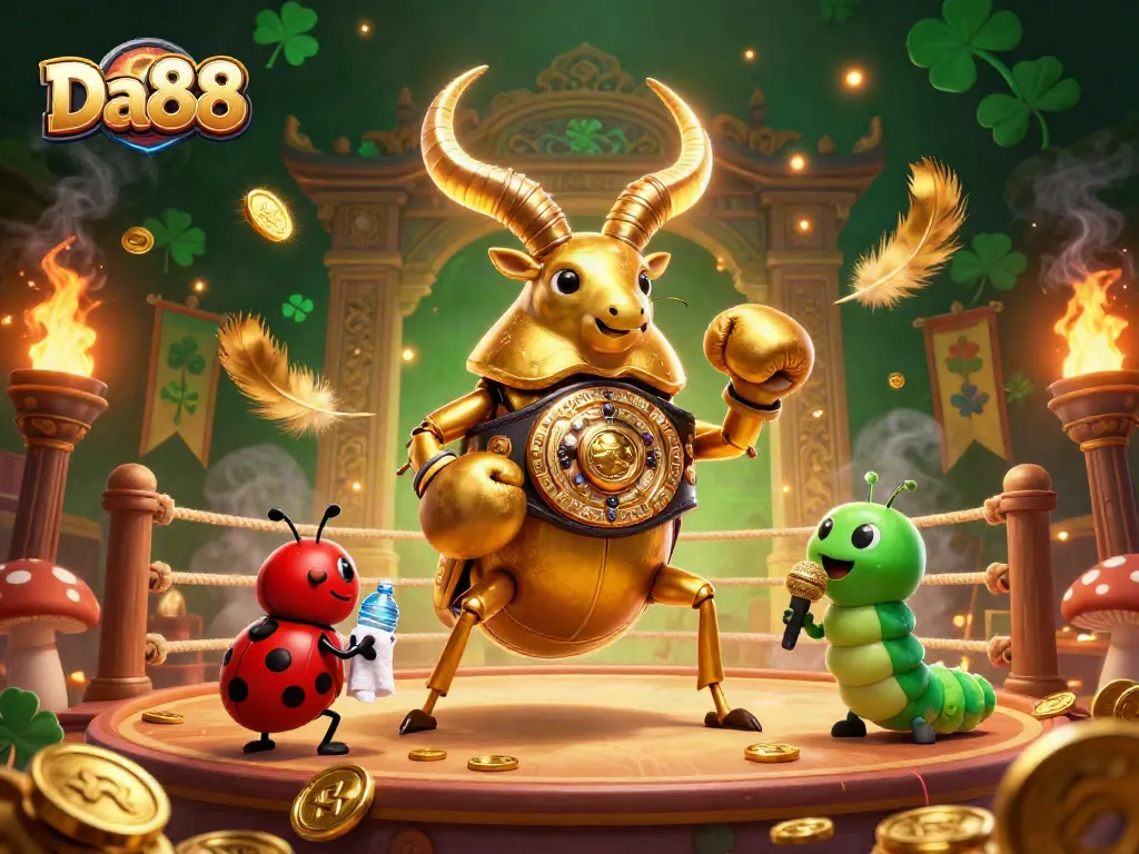 Engage in thrilling gameplay with Da88, featuring a boxing champ stag beetle in a vibrant casino arena.