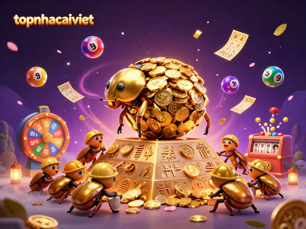 Engage with topnhacaiviet's vibrant casino scene featuring lucky beetles and dynamic lottery elements.