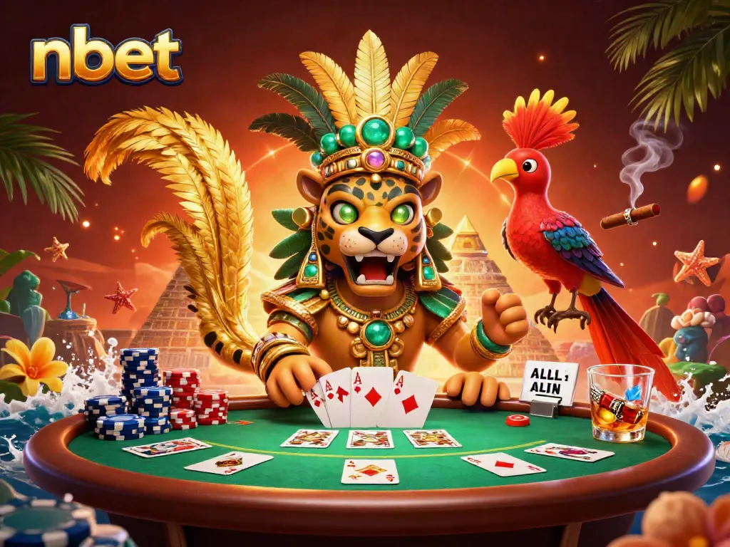 Play with the dynamic nbet scene featuring a Mayan jaguar priest at a bustling poker table.