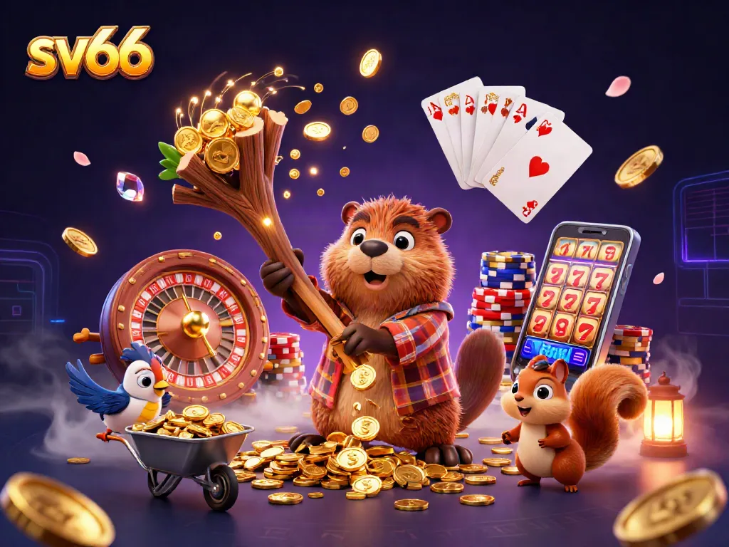 Engaging illustration of sv66 with cartoon beaver and bird collecting coins in a vibrant casino scene.