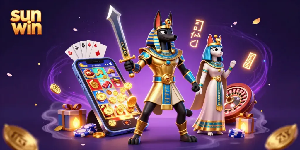 Play exciting games and win at sun win, featuring a dynamic 3D casino scene with Anubis and Bastet.