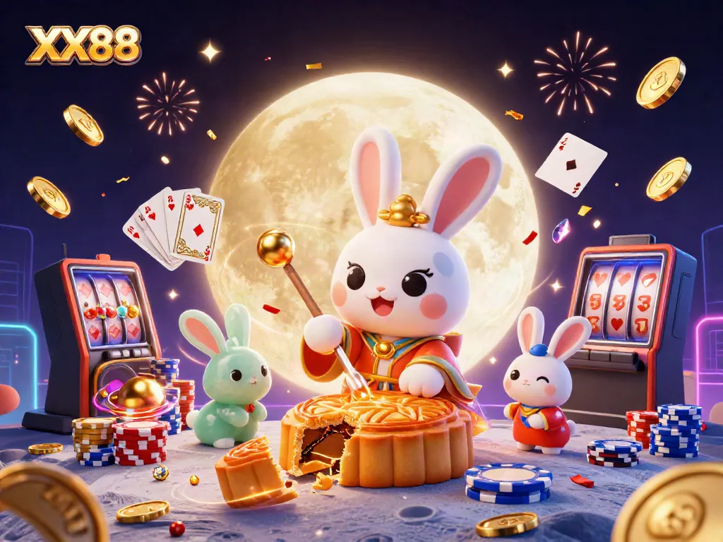 Experience the fun of XX88 with a vibrant scene of fortunes, highlighting the animated moon rabbit surrounded by casino elements.