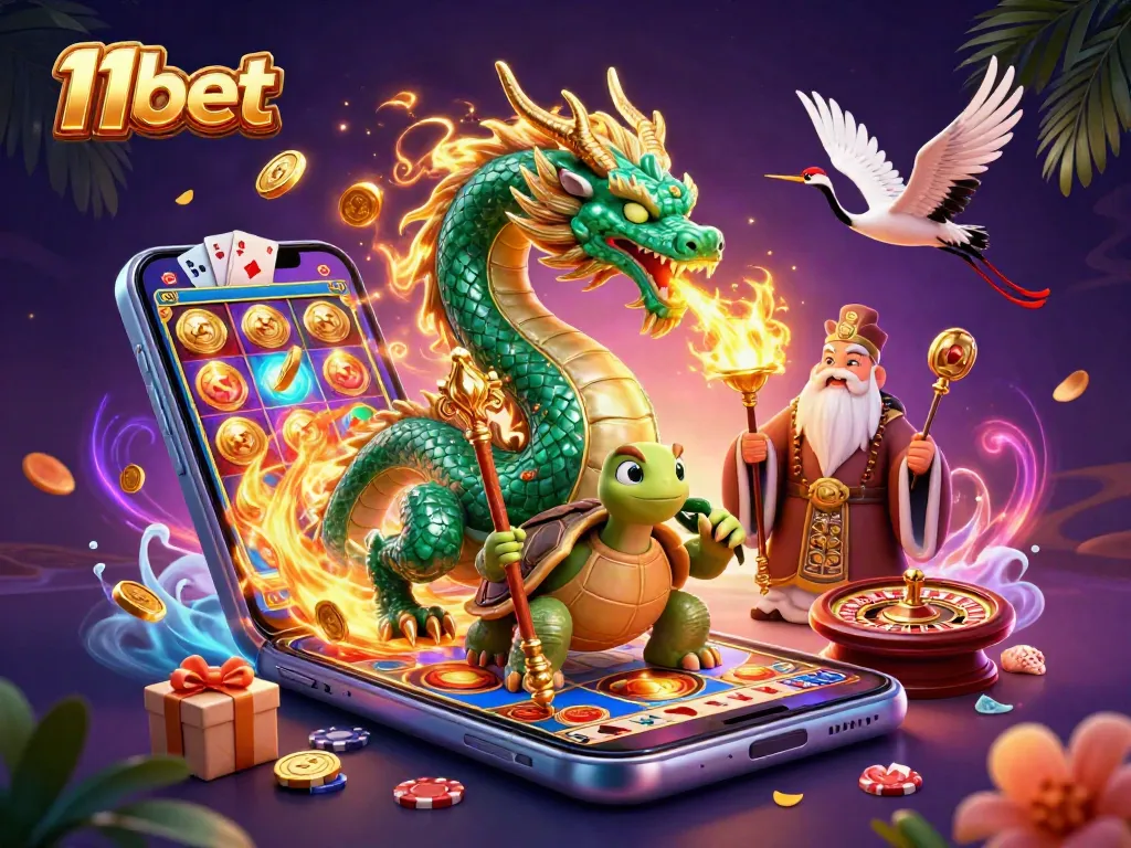 Experience thrilling gaming with 11bet's vibrant, interactive casino scene featuring dragons and lucky symbols.