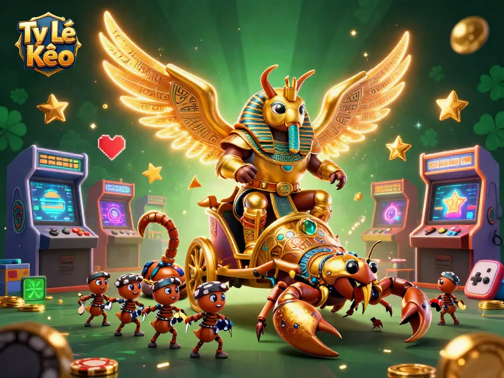 Tỷ Lệ Kèo showcases dynamic sports betting excitement with a massive golden beetle character and scorpion chariot in action.