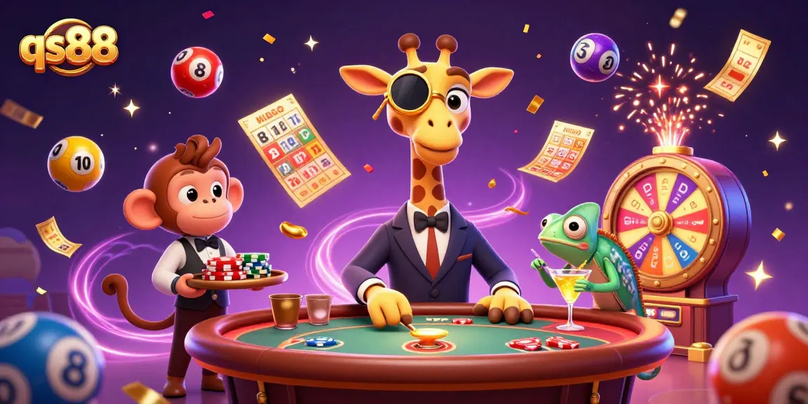 Experience excitement at qs88 with a high-roller giraffe and vibrant casino elements creating a thrilling atmosphere.