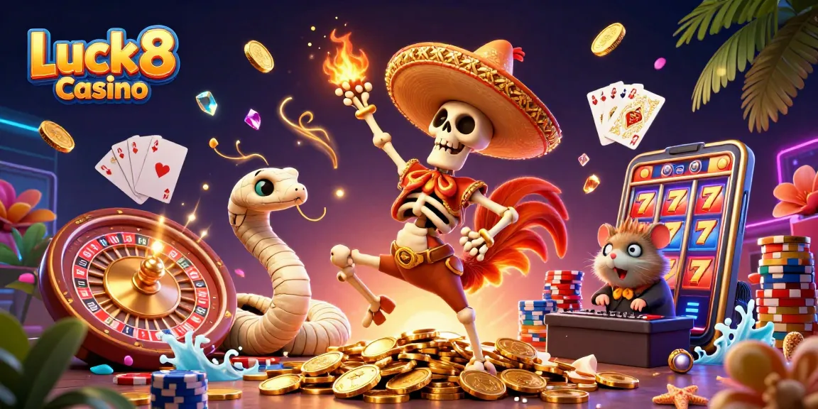 Join the fun at Luck8 Casino with vibrant characters and casino excitement dynamically illustrated.