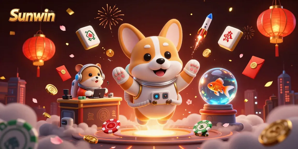 Play at Sunwin's exciting casino with playful characters like a floating astronaut corgi and dynamic gaming elements.