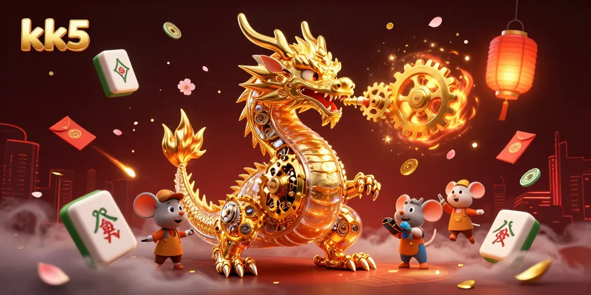 Experience the excitement of kk5 with a dragon, colorful casino elements, and golden gears!