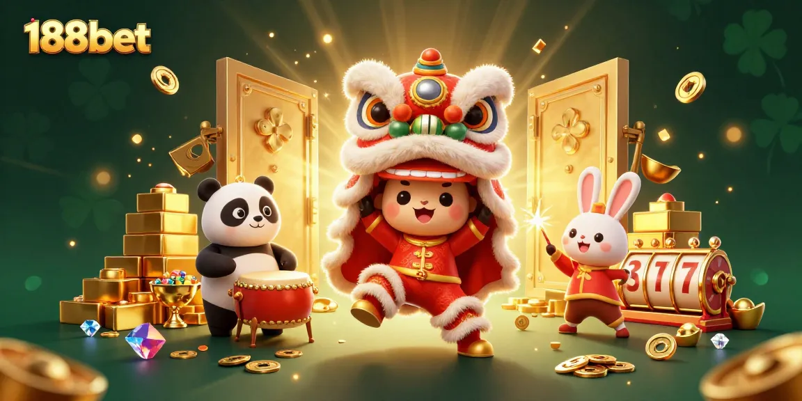 Spin and win at 188bet with vibrant casino-themed graphics featuring treasures and characters.