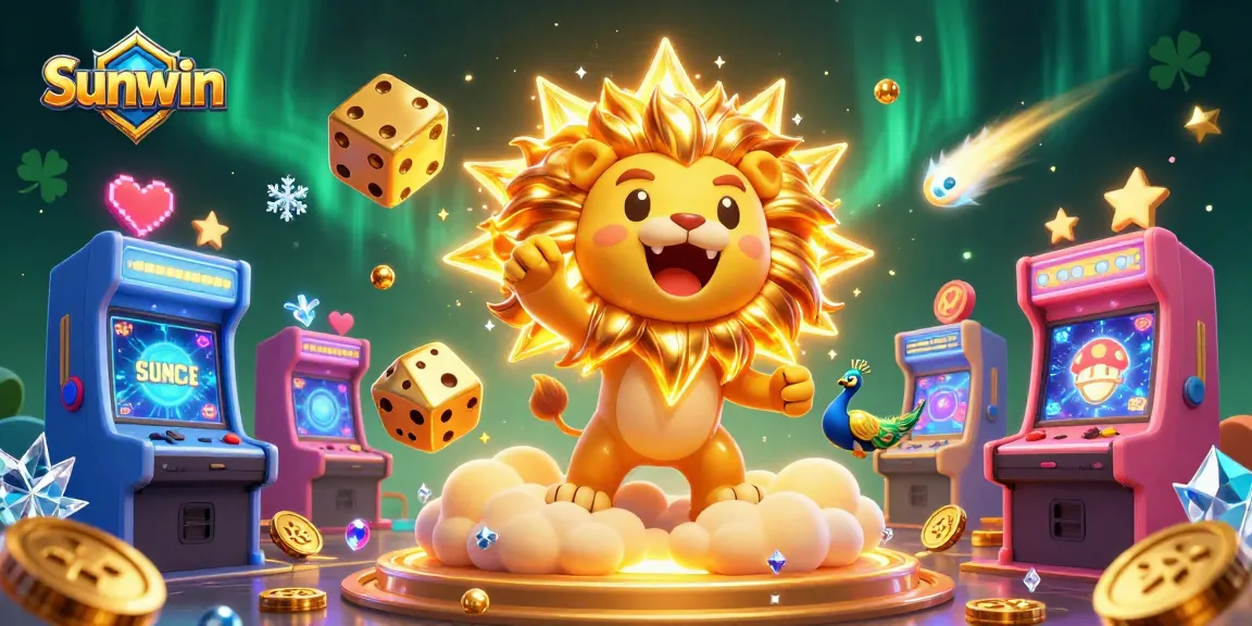 Sunwin online casino featuring a roaring sun lion with vibrant game elements and golden dice.