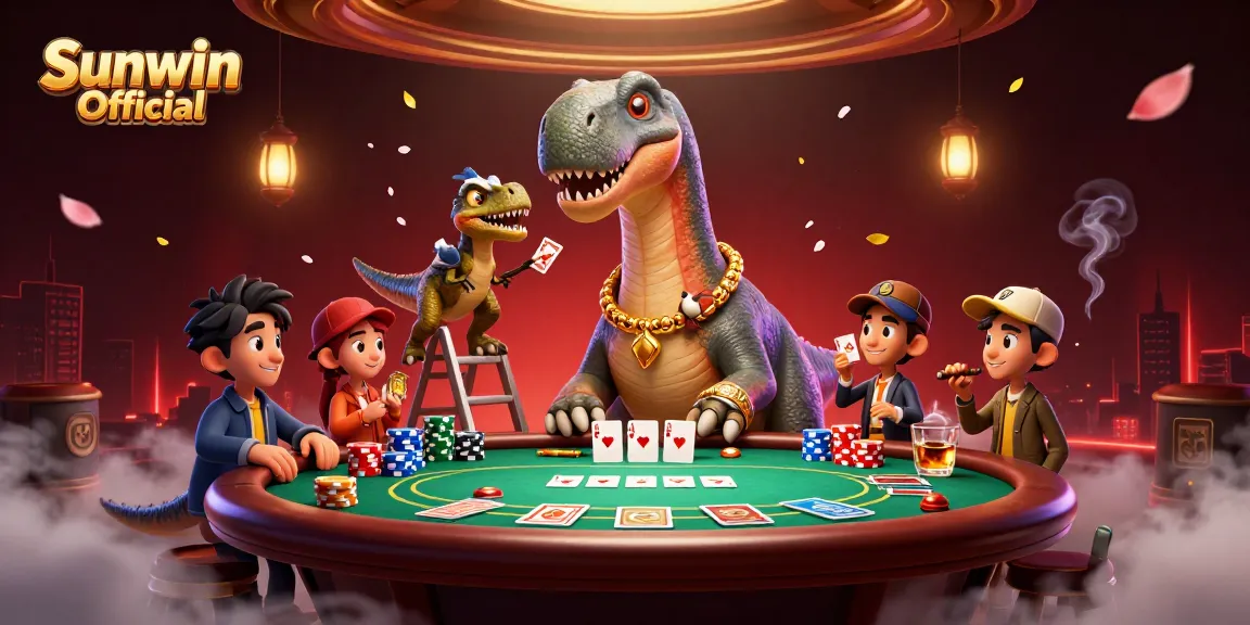 Engage with Sunwin Official's vibrant casino scene featuring playful dinosaurs at a poker table.