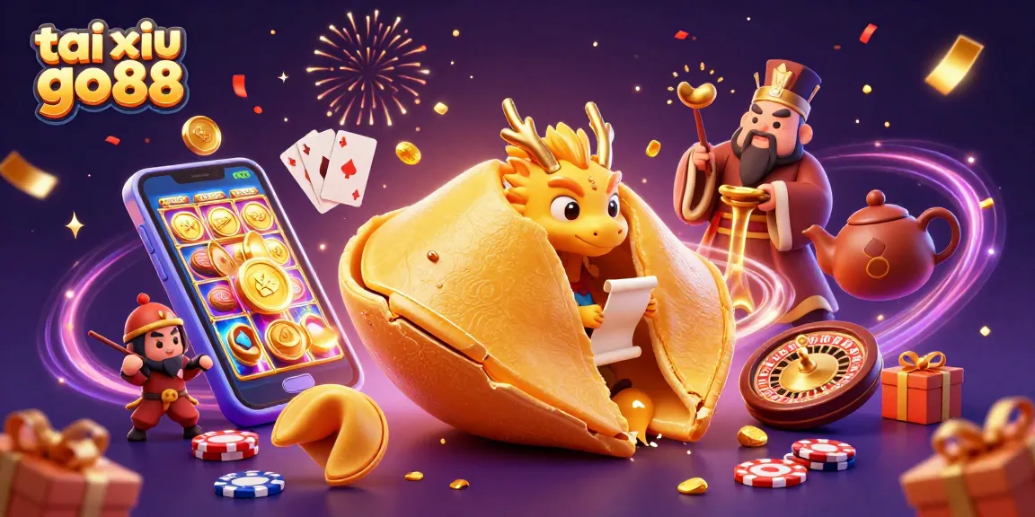 Experience the excitement of tai xiu go88 with a whimsical 3D illustration of fortune symbols and casino games.