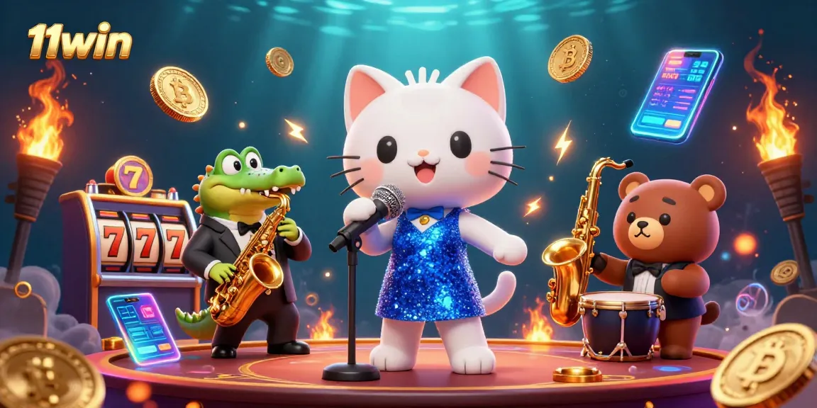 Engage with 11win’s vibrant 3D casino scene featuring singing cat, jazz crocodile, and dancing bear.
