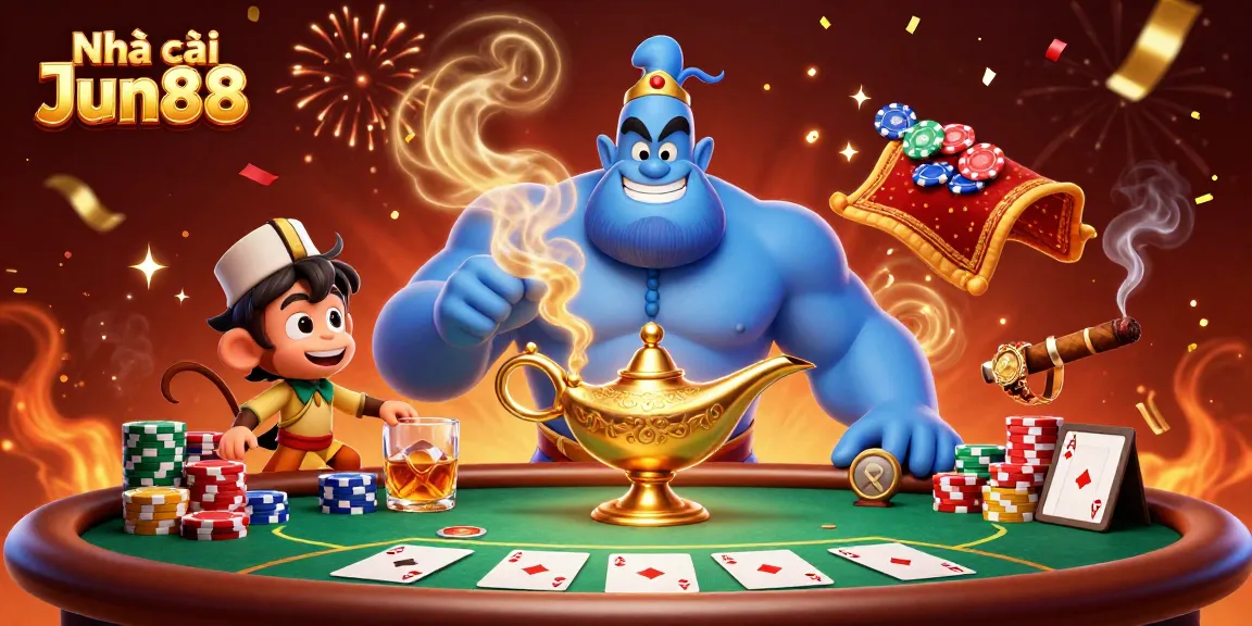 Play poker with the dynamic scene featuring Nhà cái Jun88's fun characters and casino elements.