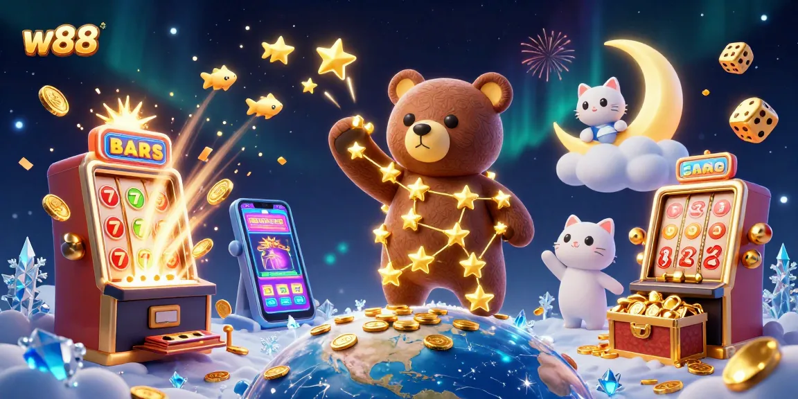 Engage with thrilling w88 casino experiences, featuring animated 3D elements like slot machines and vibrant symbols.