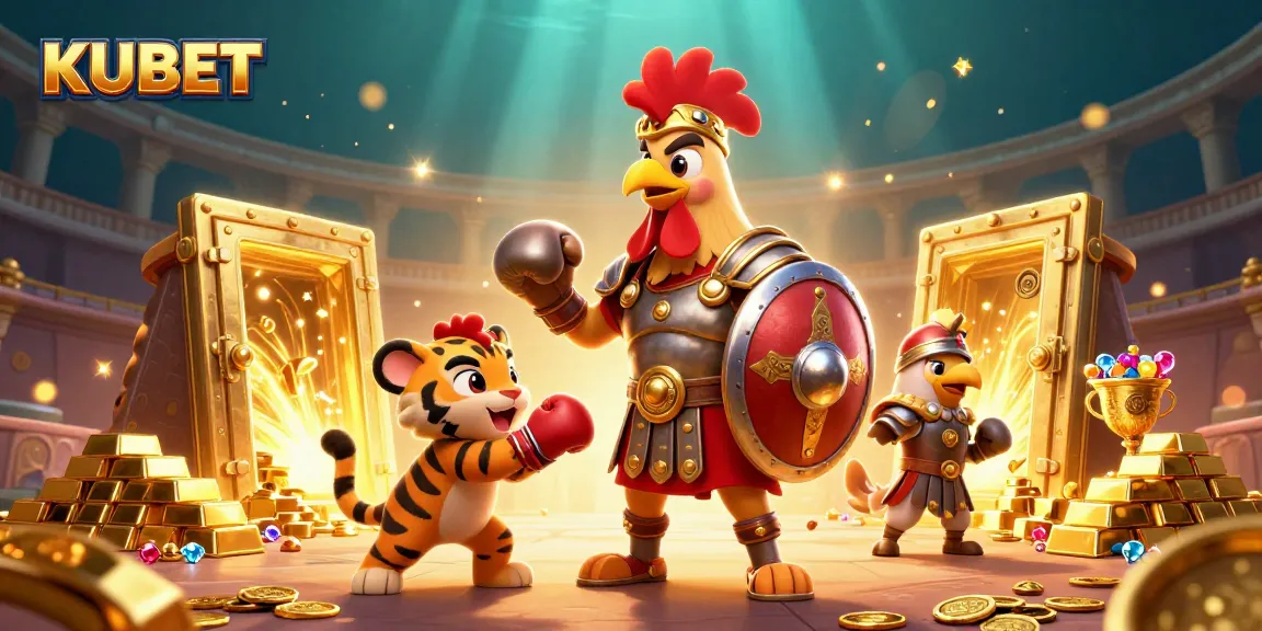 Experience the thrill of KUBET with a lively casino scene featuring a gladiator rooster alongside a cub and eagle.