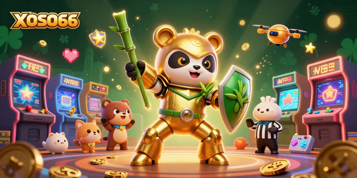 XOSO66 showcases thrilling gaming action in a vibrant animated casino setting with a golden panda.