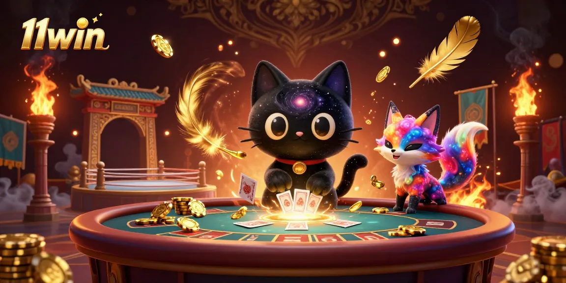 Engage with 11win's cosmic gaming adventure featuring a black hole cat and vibrant nebula fox in a dynamic casino scene.