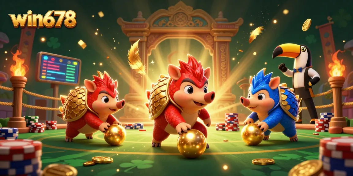 Experience thrilling wins at win678 with rival pangolins bowling through poker chips in vibrant casino scene.