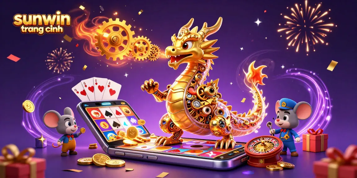 Experience thrilling action at sunwin trang chính with a golden dragon, slot games, and festive decorations.