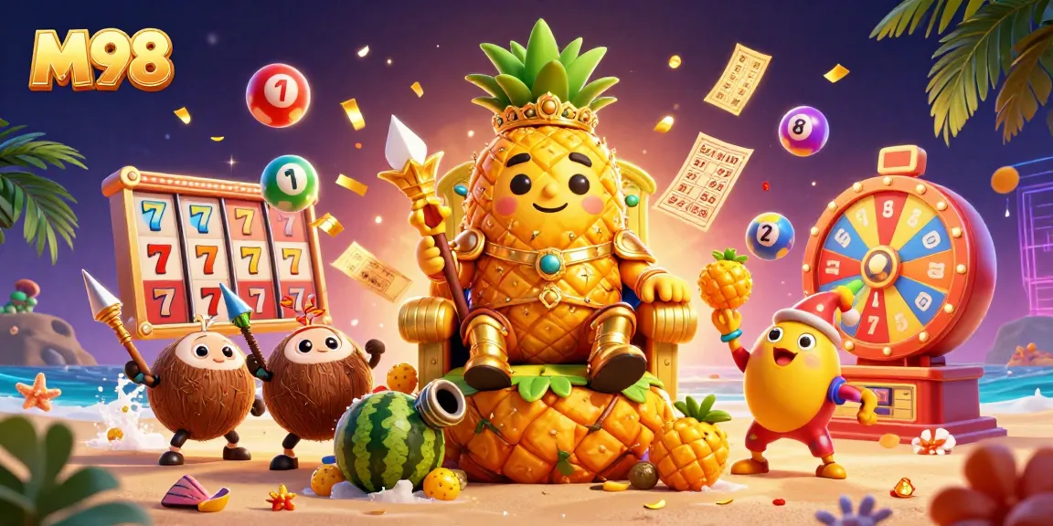M98 delivers a vibrant casino experience with a golden pineapple king surrounded by lottery balls and festive elements.