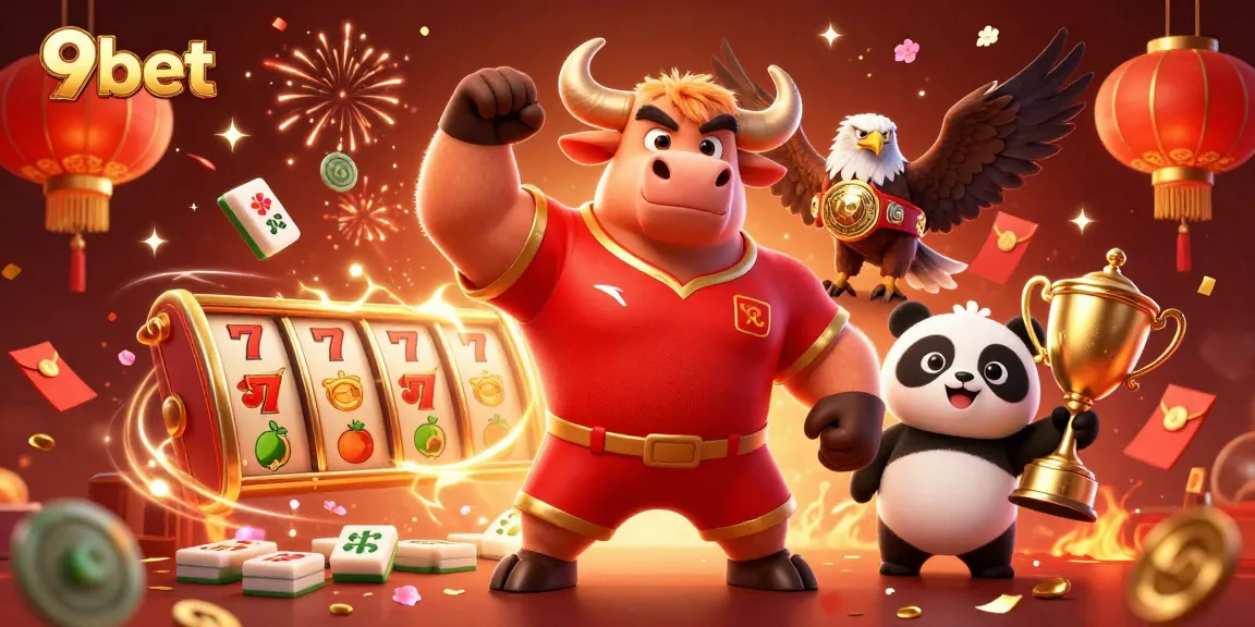 Celebrate wins with 9bet: a dynamic scene featuring a bull mascot and friends with winning symbols.