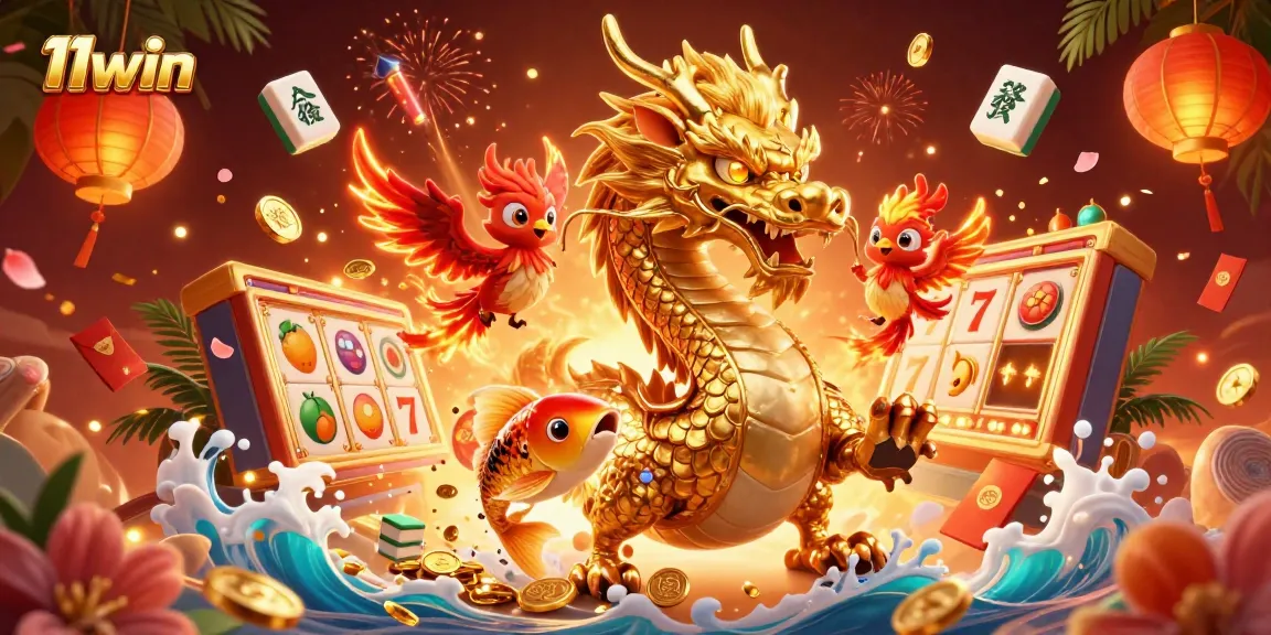 Win big with 11win: Enjoy a vibrant casino illustration featuring a dragon, phoenix, and koi fish.