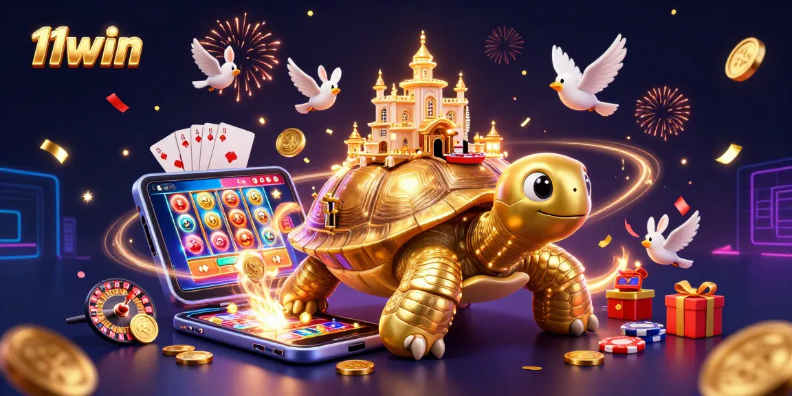 Play exciting games at 11win with a vibrant casino scene featuring colorful slot games and golden coins.