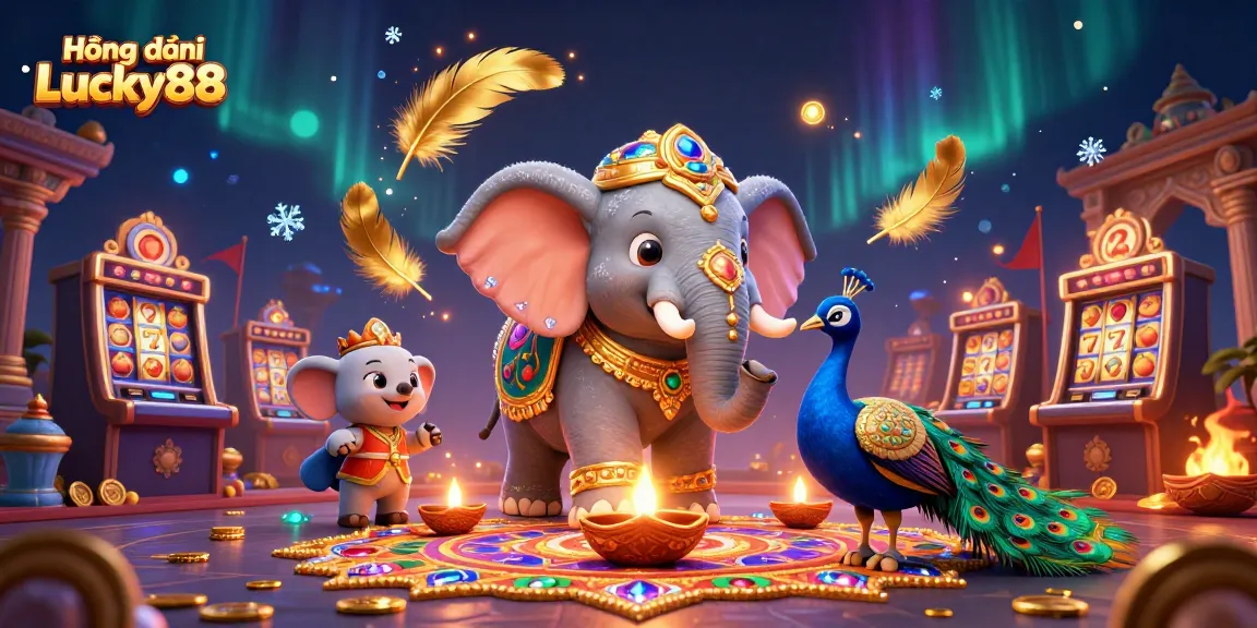 Hướng dẫn Lucky88 presents vibrant slot games with a Diwali-themed elephant in a dazzling 3D casino scene.
