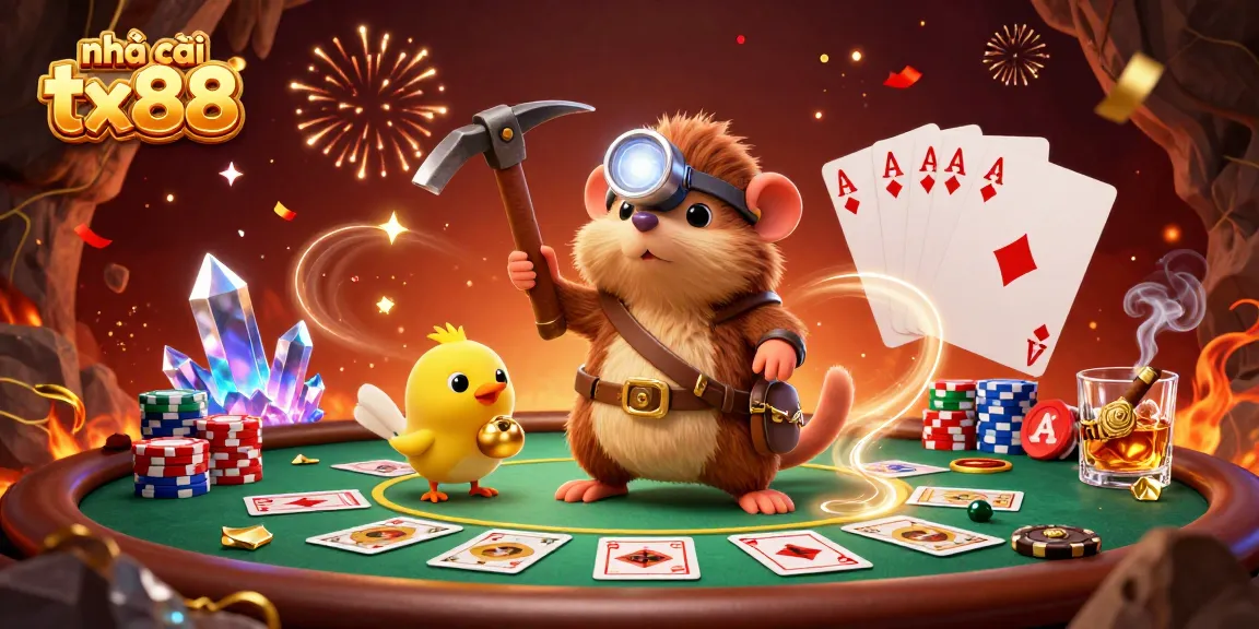 nhà cái tx88 showcases a vibrant scene with treasure hunter mole and poker elements for gamblers.