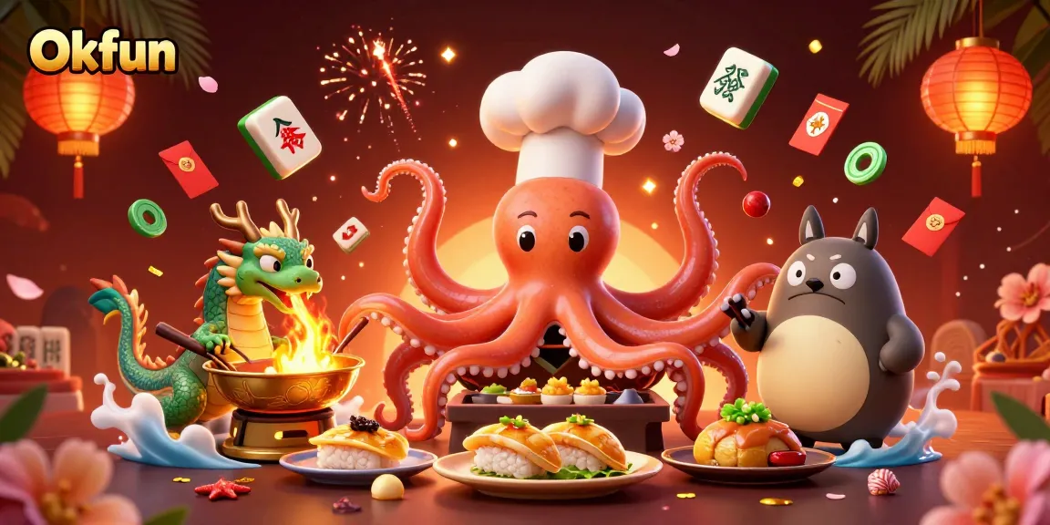 Join the excitement at Okfun with a vibrant illustration featuring dynamic casino elements and characters.