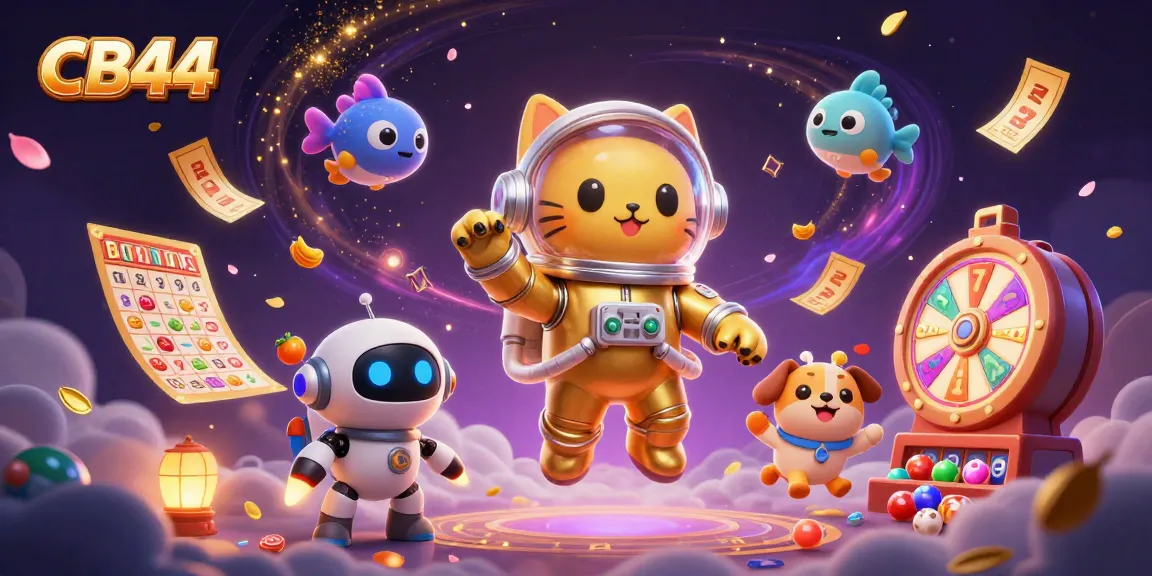 Engage in fun at CB44 with a vibrant 3D casino illustration showcasing slot reels, jackpots, and animated characters.