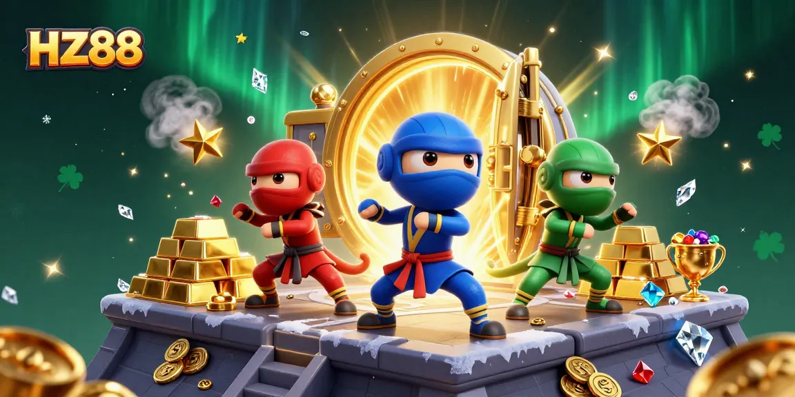 Experience the thrill at HZ88 with vibrant casino action featuring sleek ninja chameleons in a treasure-filled scene.