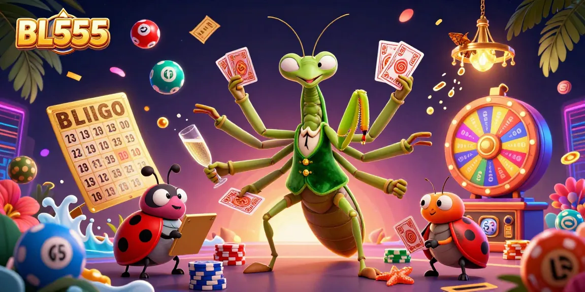 Experience thrilling gameplay at BL555, where a giant praying mantis dealer shuffles cards amidst vibrant casino elements.