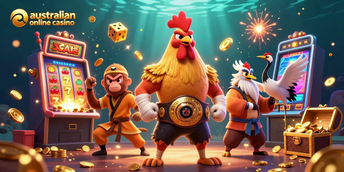 Engage with the vibrant scene of an australian online casino featuring dynamic cartoon characters and thrilling game elements.