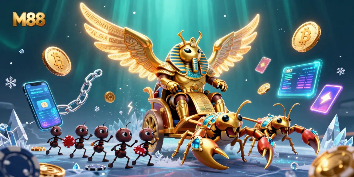 M88 showcases a vibrant 3D gaming scene featuring a golden scarab and scorpions amidst poker chips