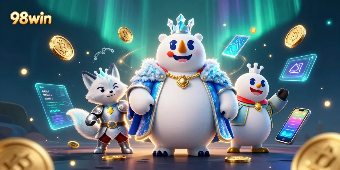Bet on 98win with the 3D polar bear and snow fox surrounded by crypto-themed betting elements.