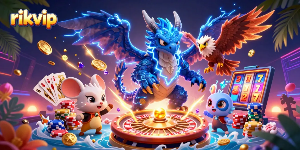 Experience thrilling wins at rikvip with a powerful thunder dragon and vibrant gambling elements in 3D illustration.