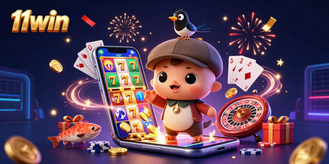 Experience 11win excitement with a vibrant 3D casino scene filled with fun characters and games.