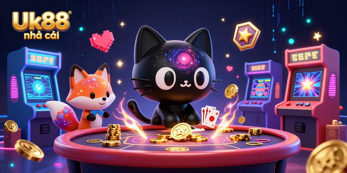Experience thrilling gameplay at Uk88 nhà cái with a vibrant cosmic casino scene featuring cartoon characters and arcade elements.