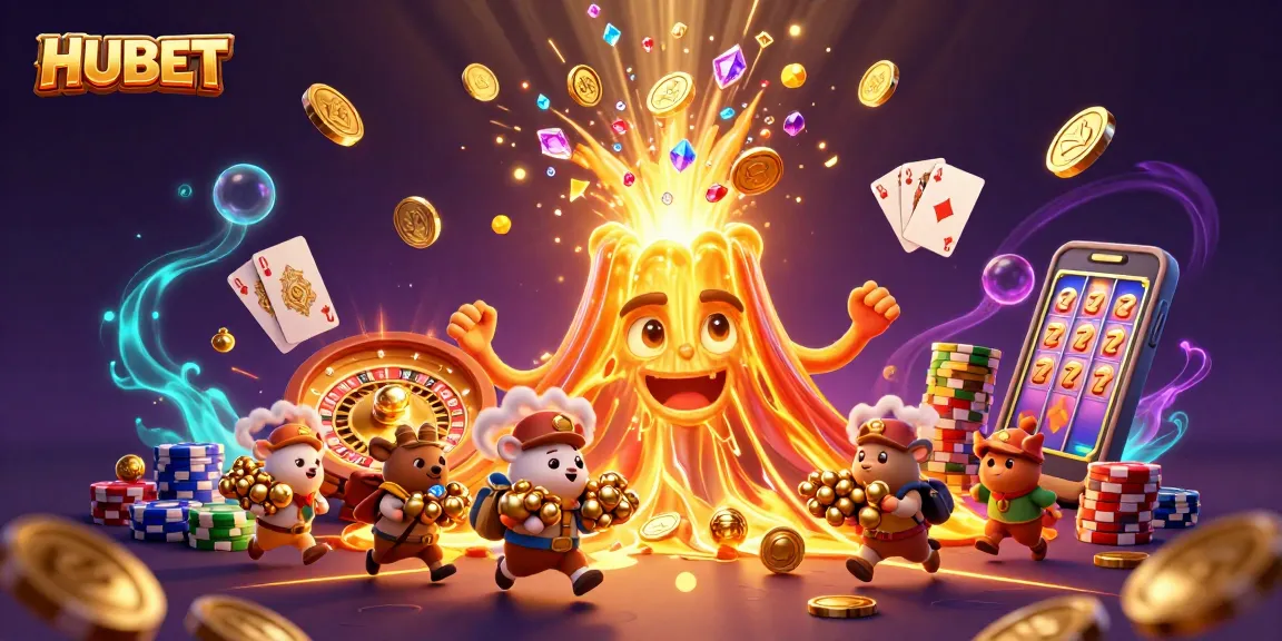 HUBET spins into excitement with a golden volcano erupting coins, gems, and thrilling gaming action.