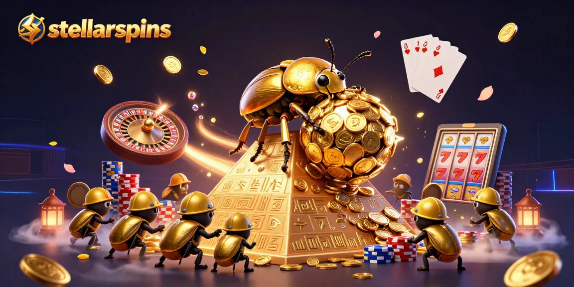 Experience stellarspins magic with golden beetles and casino treasures in this vibrant scene.