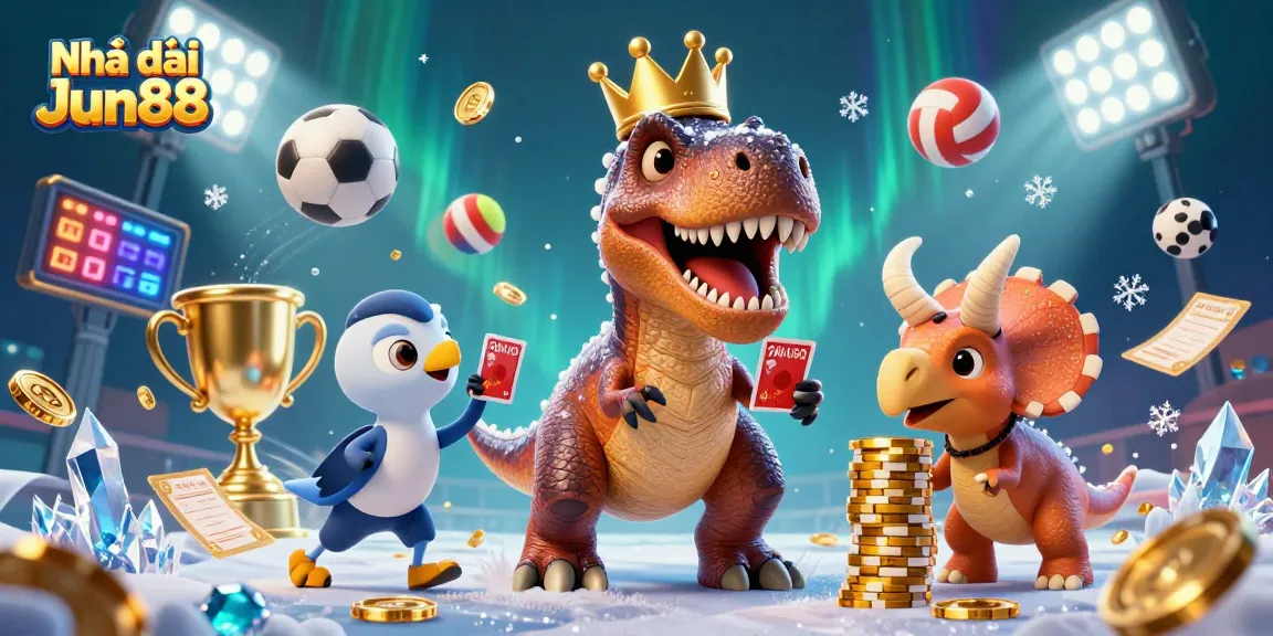 Experience dynamic betting fun with Nhà cái Jun88 as charming cartoon dinosaurs engage in casino games.