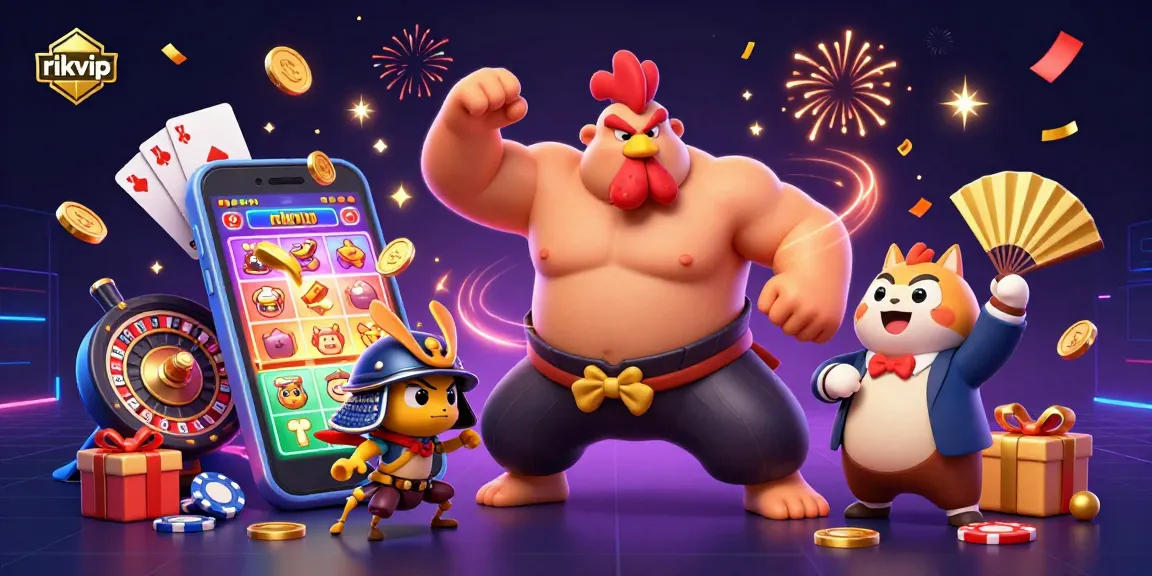 Experience the excitement of rikvip gaming with a powerful rooster and fierce samurai cricket amidst vibrant casino elements.