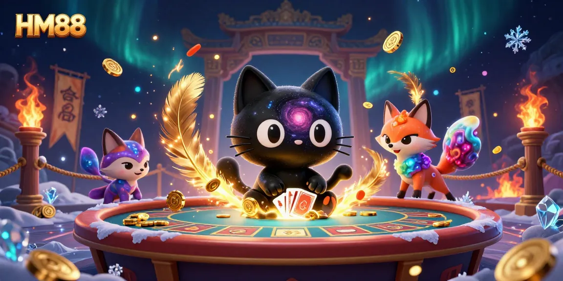 Experience thrilling casino action with HM88 featuring a cosmic cat at a gaming table.