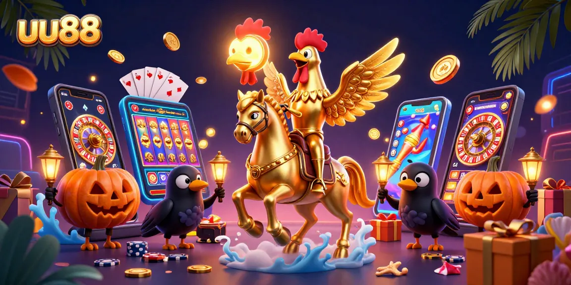 uu88 golden rooster riding through a midnight casino scene with dynamic gaming elements and vibrant colors.