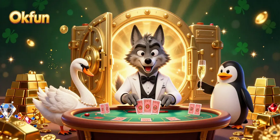 Engage with Okfun's vibrant casino scene featuring a debonair wolf at baccarat